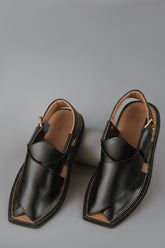 Smooth Black Leather Peshawari Chappals